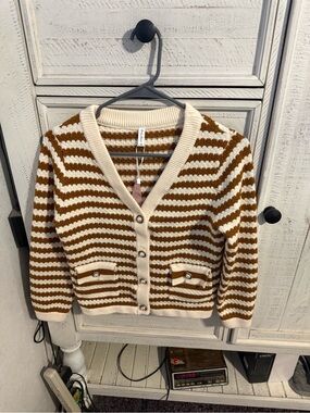 Cream and Brown Striped V-Neck Button Cardigan